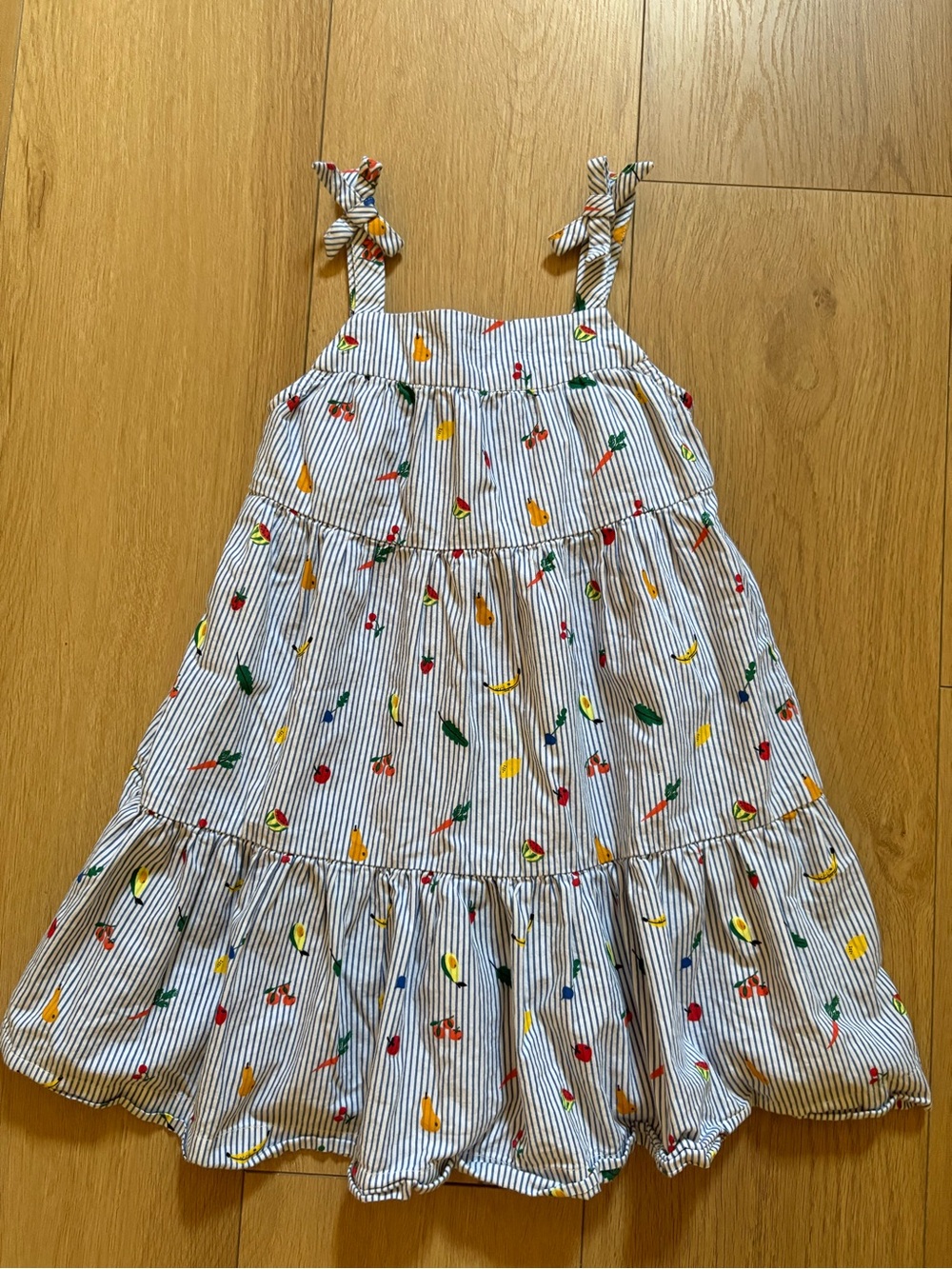 Hannah Anderson Girls' White Striped Sundress with Multicolor Fruit Print